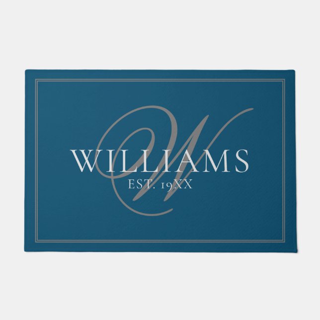 Elegant Blue Grey Monogram Name Newlywed Wedding Doormat (Front)
