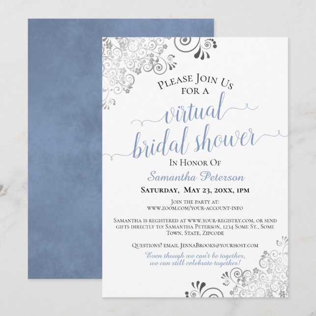 Elegant Blue & Grey on White Virtual Bridal Shower Invitation (Front/Back)