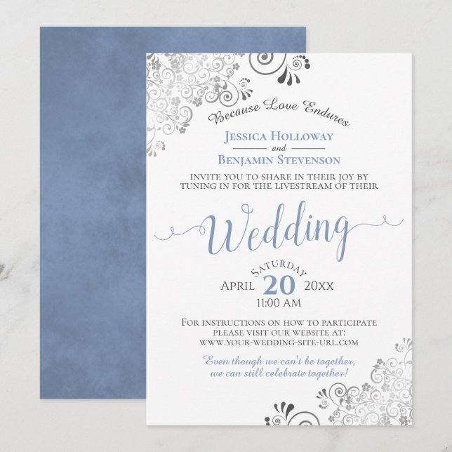 Elegant Blue & Grey on White Wedding Livestream Invitation (Front/Back)