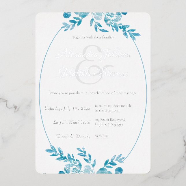 Elegant Blue Grey Photo Silver Floral Wedding (Front)