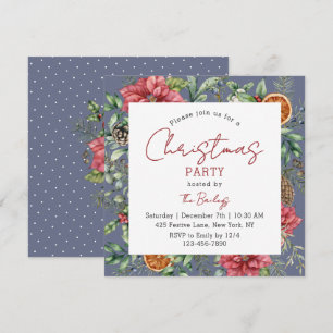 Elegant Blue Grey Poinsettia Christmas Party Invitation
