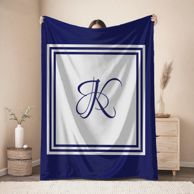Elegant blue grey square pattern initial monogram fleece blanket (Creator Uploaded)