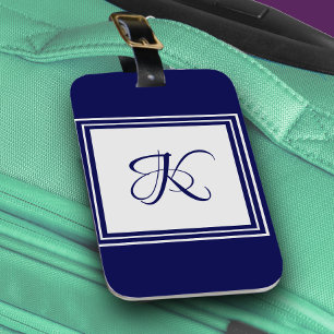 Elegant blue grey square pattern initial monogram luggage tag