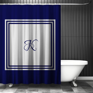 Elegant blue grey square pattern initial monogram shower curtain