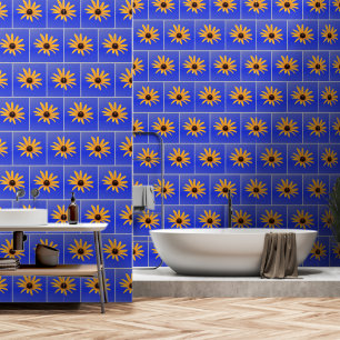Elegant Blue Grey Yellow Flowers Squared Tiles Wallpaper