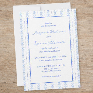 Elegant Blue Hand Drawn Seashell Coastal Wedding Invitation