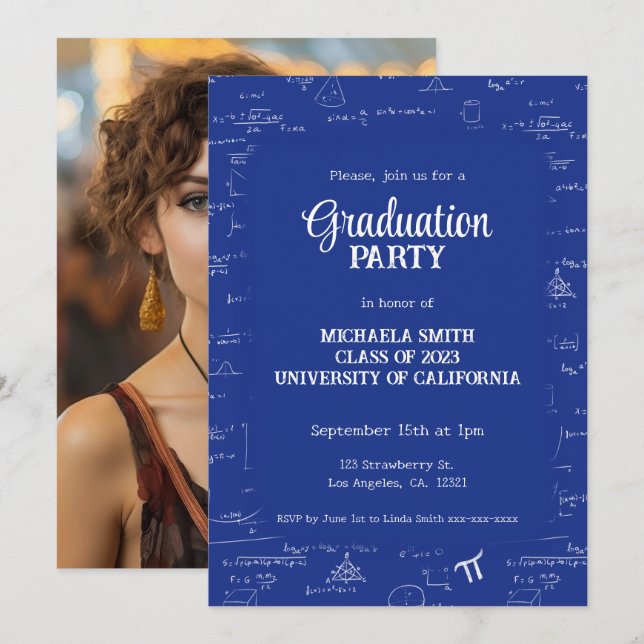 Elegant Blue Hand-Lettering Photo Math Graduation Invitation (Front/Back)
