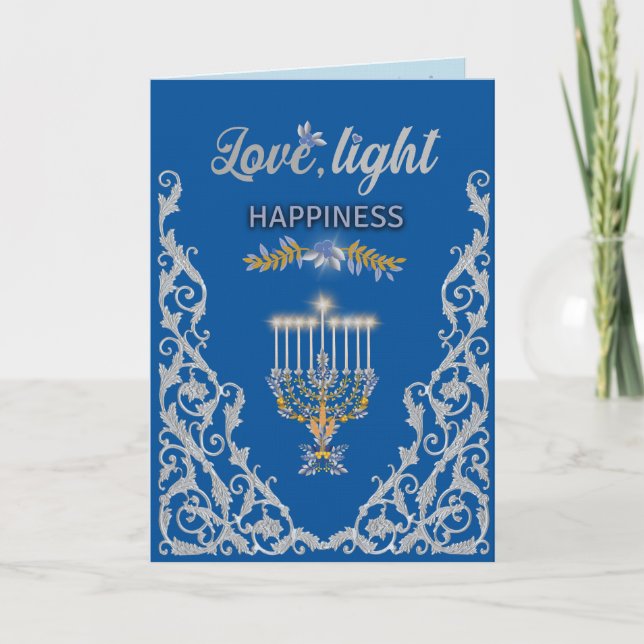 Elegant Blue Hanukkah Menorah Ornamental  Card (Front)