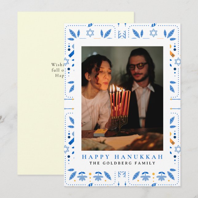 Elegant Blue Happy Hanukkah Family 1 Photo Holiday Card (Front/Back)