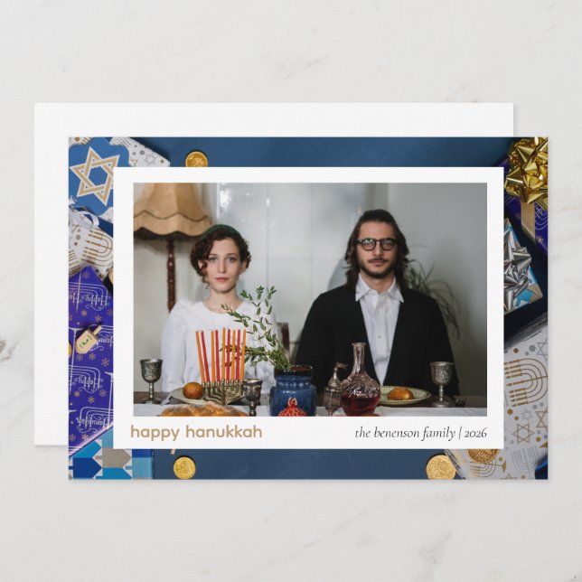 Elegant Blue Happy Hanukkah Family 1 Photo Holiday Card (Front/Back)