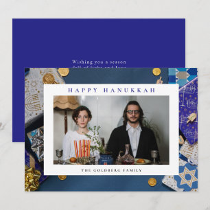 Elegant Blue Happy Hanukkah Family 1 Photo Holiday Card