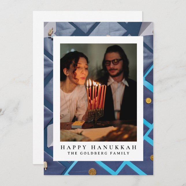 Elegant Blue Happy Hanukkah Family 1 Photo Holiday Card (Front/Back)