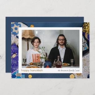 Elegant Blue Happy Hanukkah Family 1 Photo Holiday Card