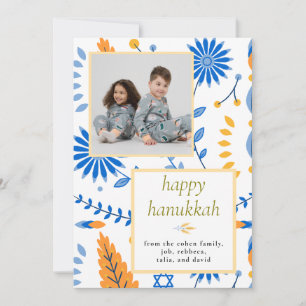 Elegant blue Happy Hanukkah Family 1 Photo Holiday Card