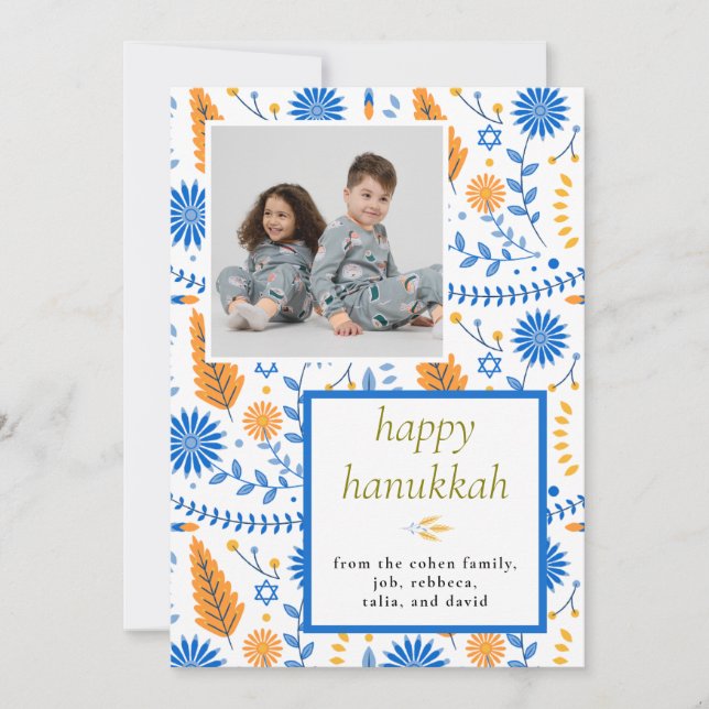 Elegant blue Happy Hanukkah Family 1 Photo Holiday Card (Front)