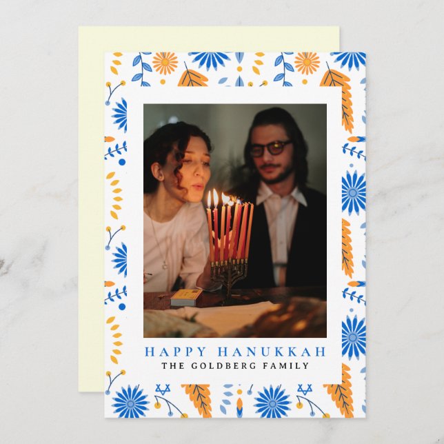 Elegant Blue Happy Hanukkah Family 1 Photo Holiday Card (Front/Back)