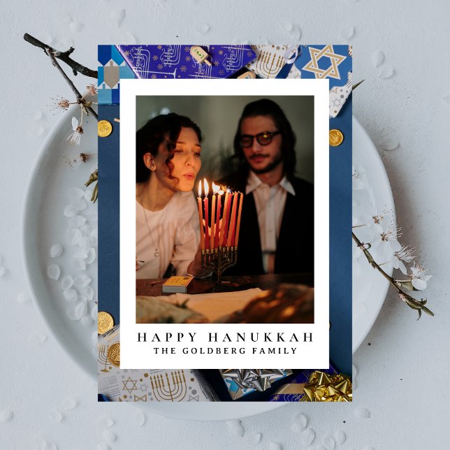 Elegant Blue Happy Hanukkah Family 1 Photo Holiday Card (Creator Uploaded)