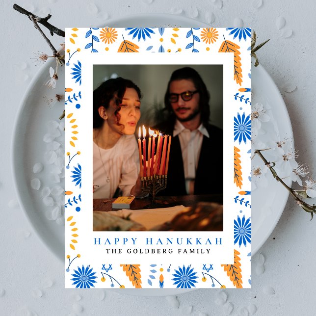 Elegant Blue Happy Hanukkah Family 1 Photo Holiday Card (Creator Uploaded)
