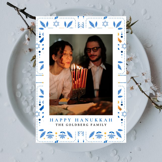 Elegant Blue Happy Hanukkah Family 1 Photo Holiday Card (Creator Uploaded)