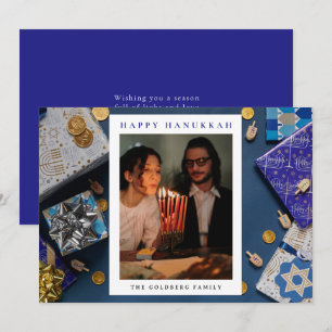 Elegant Blue Happy Hanukkah Family 1 Photo Holiday Card