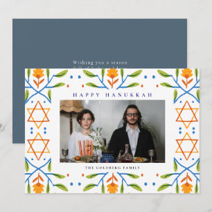 Elegant Blue Happy Hanukkah Family 1 Photo Holiday Card