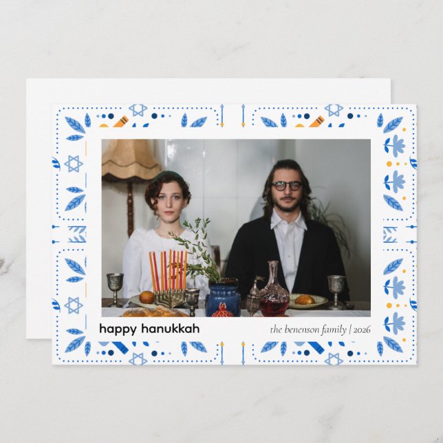 Elegant Blue Happy Hanukkah Family 1 Photo Holiday Card (Front/Back)