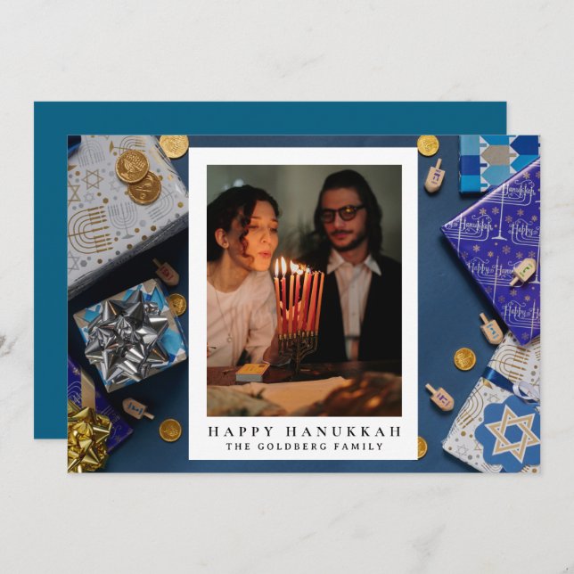 Elegant Blue Happy Hanukkah Family 1 Photo Holiday Card (Front/Back)
