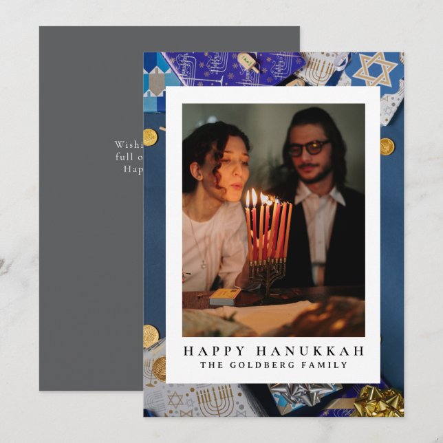 Elegant Blue Happy Hanukkah Family 1 Photo Holiday Card (Front/Back)