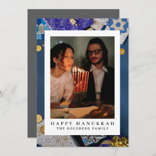 Elegant Blue Happy Hanukkah Family 1 Photo Holiday Card