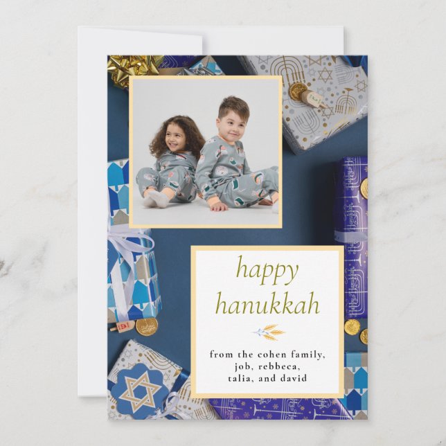 Elegant Blue Happy Hanukkah Family 1 Photo Holiday Card (Front)