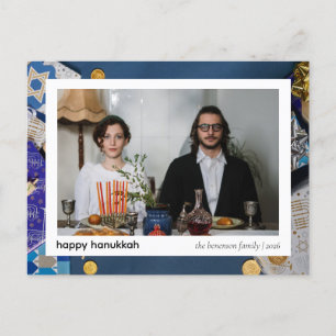 Elegant Blue Happy Hanukkah Family 1 Photo Holiday Postcard