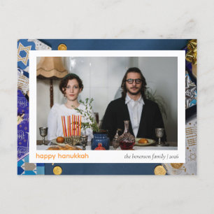 Elegant Blue Happy Hanukkah Family 1 Photo Holiday Postcard