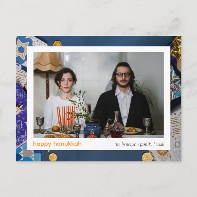 Elegant Blue Happy Hanukkah Family 1 Photo Holiday Postcard (Front)