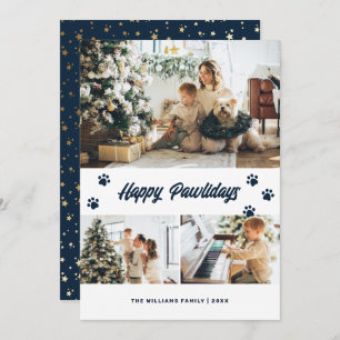 Elegant Blue Happy Pawlidays Gold Stars Photo Holiday Card