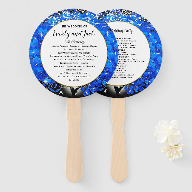 Elegant Blue Heart Leaf Tree Gold Wedding  Hand Fan (Front and Back)