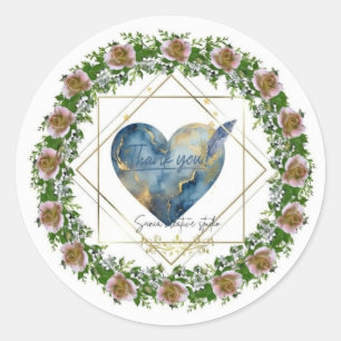 Elegant Blue Heart & Pink Rose Wreath "Thank You"  Classic Round Sticker