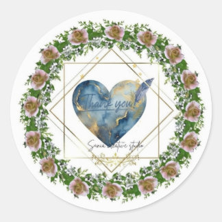 Elegant Blue Heart & Pink Rose Wreath "Thank You" Classic Round Sticker