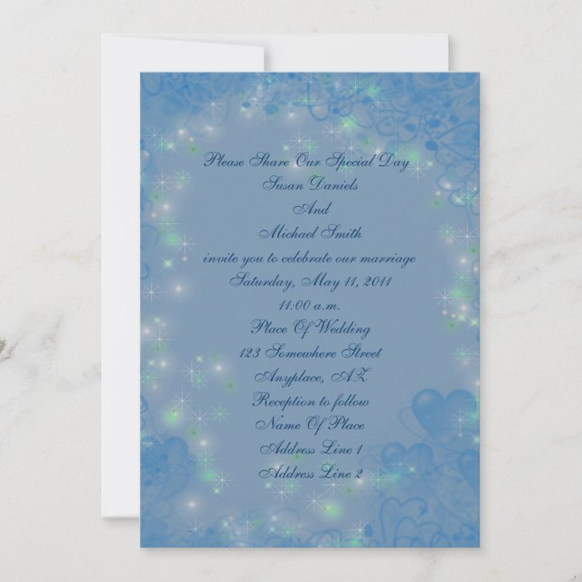 Elegant Blue Hearts Sparkly Lights Wedding  Invitation (Front)