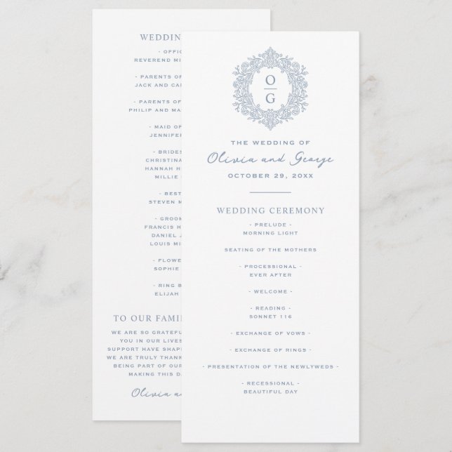 Elegant Blue Heirloom Wedding Programme (Front/Back)