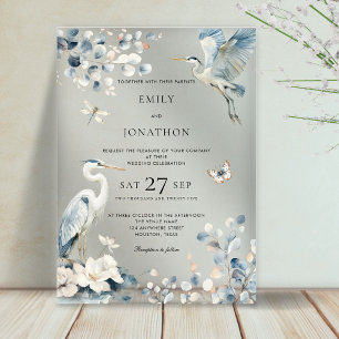 Elegant Blue Heron Foliage Florals Wedding Acrylic Invitations