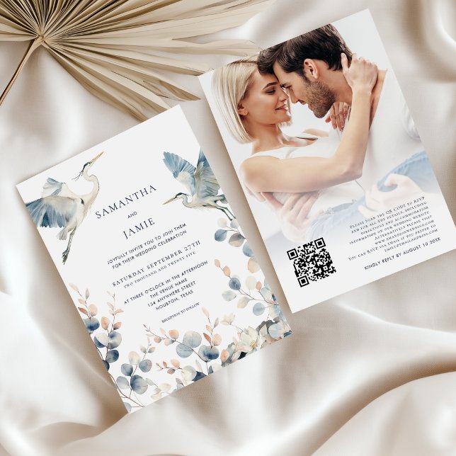 Elegant Blue Herons Photo QR Code Wedding Invitation (Front and back view)
