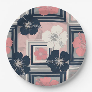 Elegant Blue Hibiscus Floral Pattern (10) Paper Plate