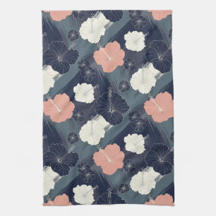 Elegant Blue Hibiscus Floral Pattern (10) Tea Towel