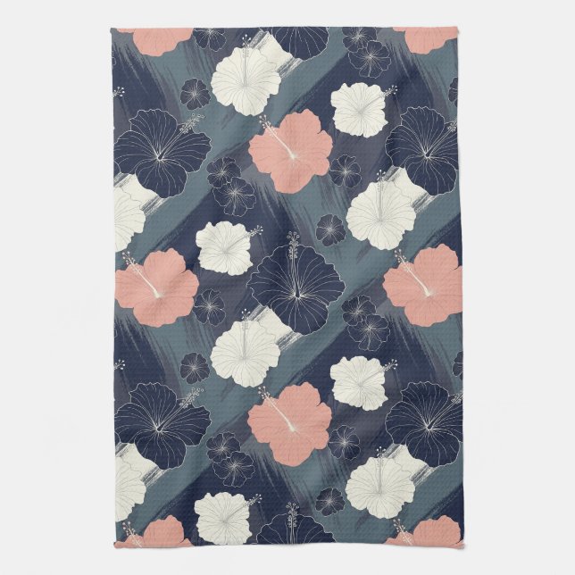 Elegant Blue Hibiscus Floral Pattern (10) Tea Towel (Vertical)
