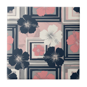 Elegant Blue Hibiscus Floral Pattern (10) Tile