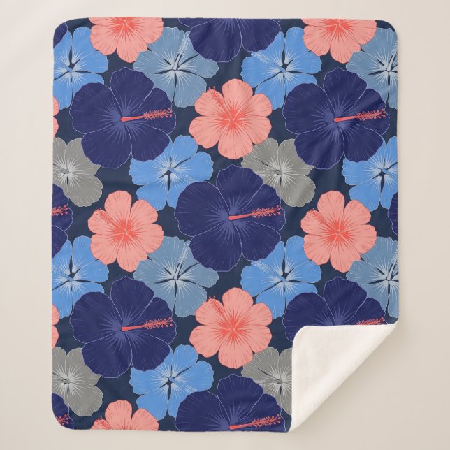 Elegant Blue Hibiscus Floral Pattern (11) Sherpa Blanket (Front)