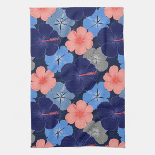 Elegant Blue Hibiscus Floral Pattern (11) Tea Towel