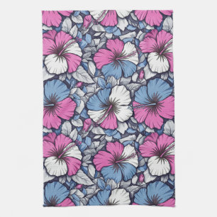 Elegant Blue Hibiscus Floral Pattern (12) Tea Towel