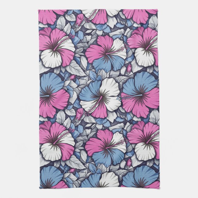 Elegant Blue Hibiscus Floral Pattern (12) Tea Towel (Vertical)