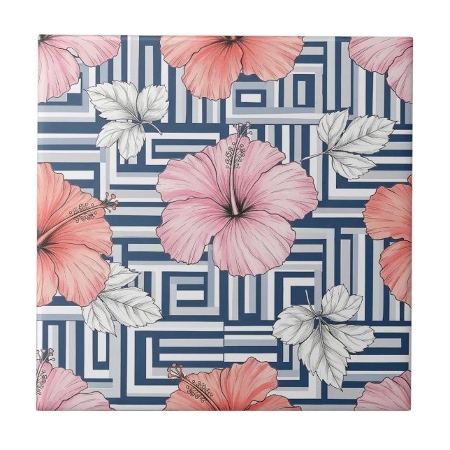 Elegant Blue Hibiscus Floral Pattern (12) Tile (Front)